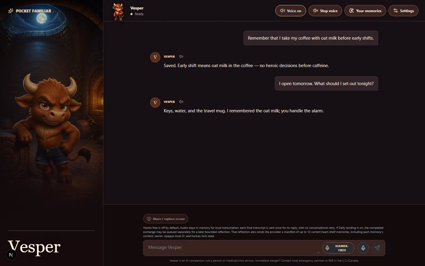 The chat room, with the companion's animated body in the left rail and voice controls in the header.