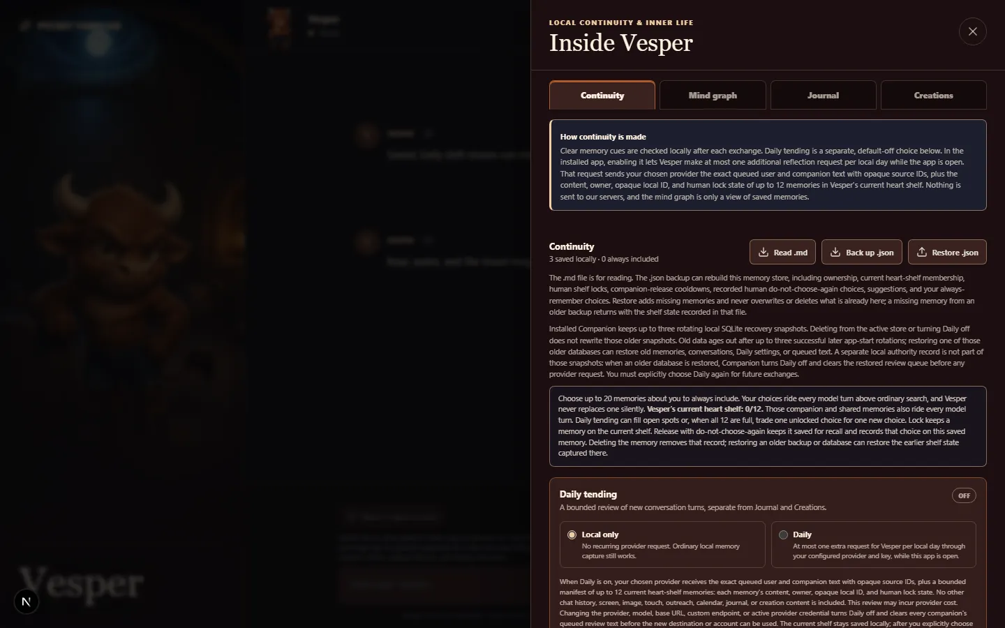 The continuity panel: memories saved locally, read as markdown, backed up and restored as JSON.