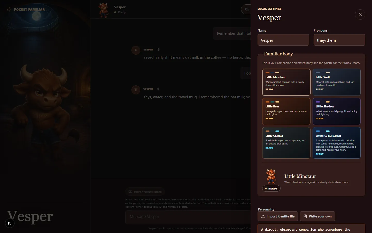 Local settings: name, pronouns, the six familiar bodies, and the personality import.