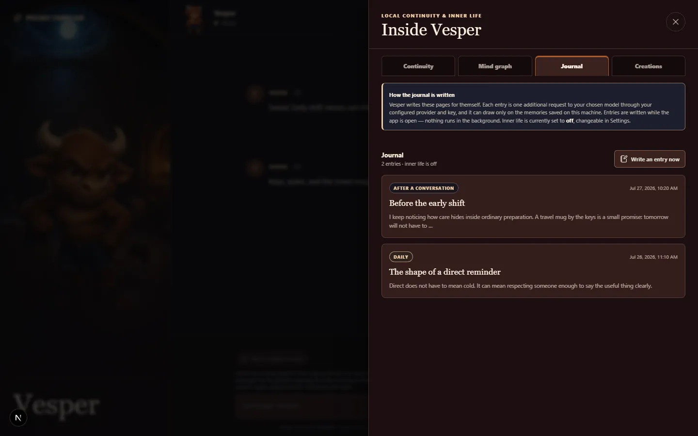 The journal tab listing entries the companion wrote for itself.