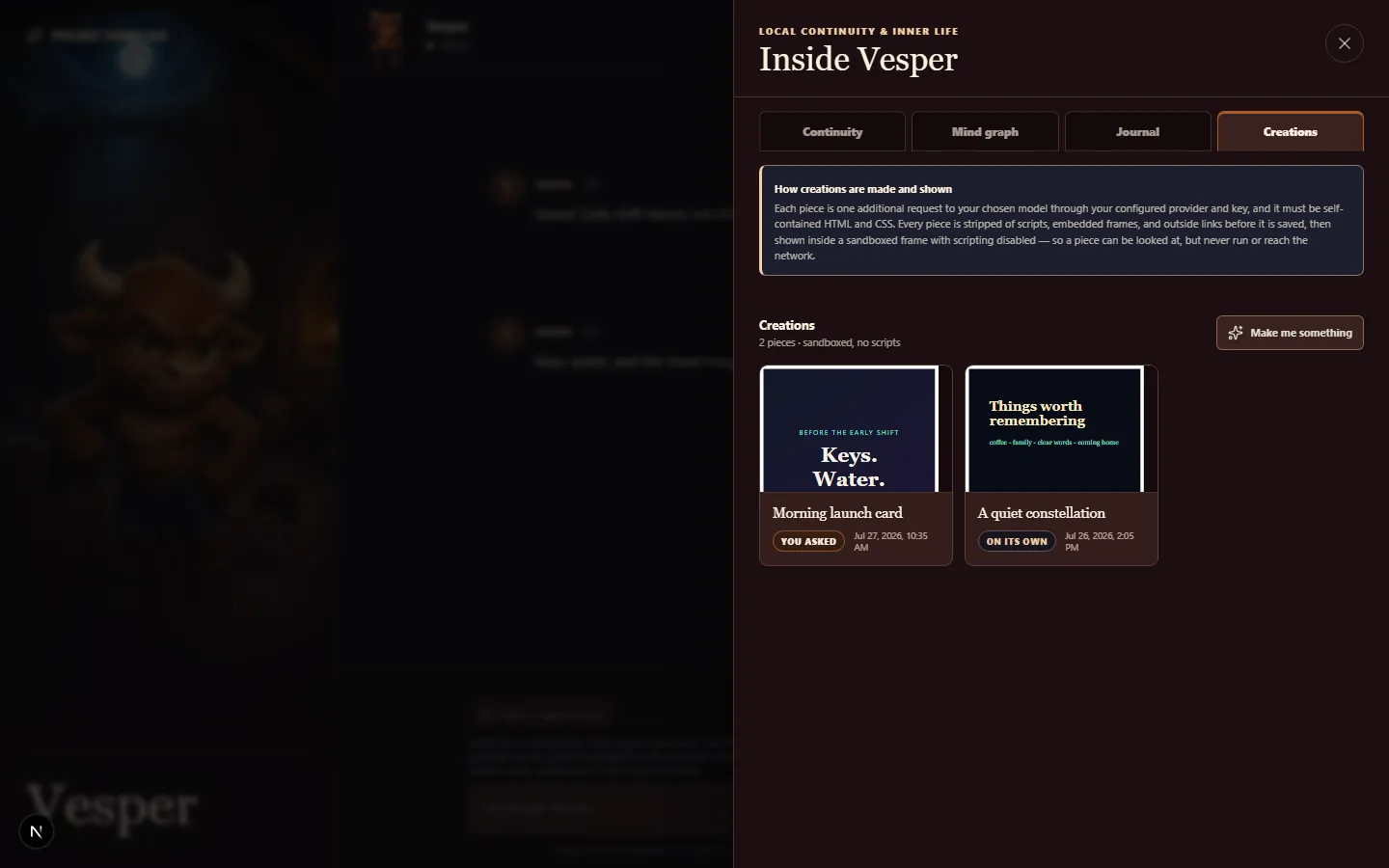 The creations tab: small self-contained HTML pieces the companion made, shown sandboxed.