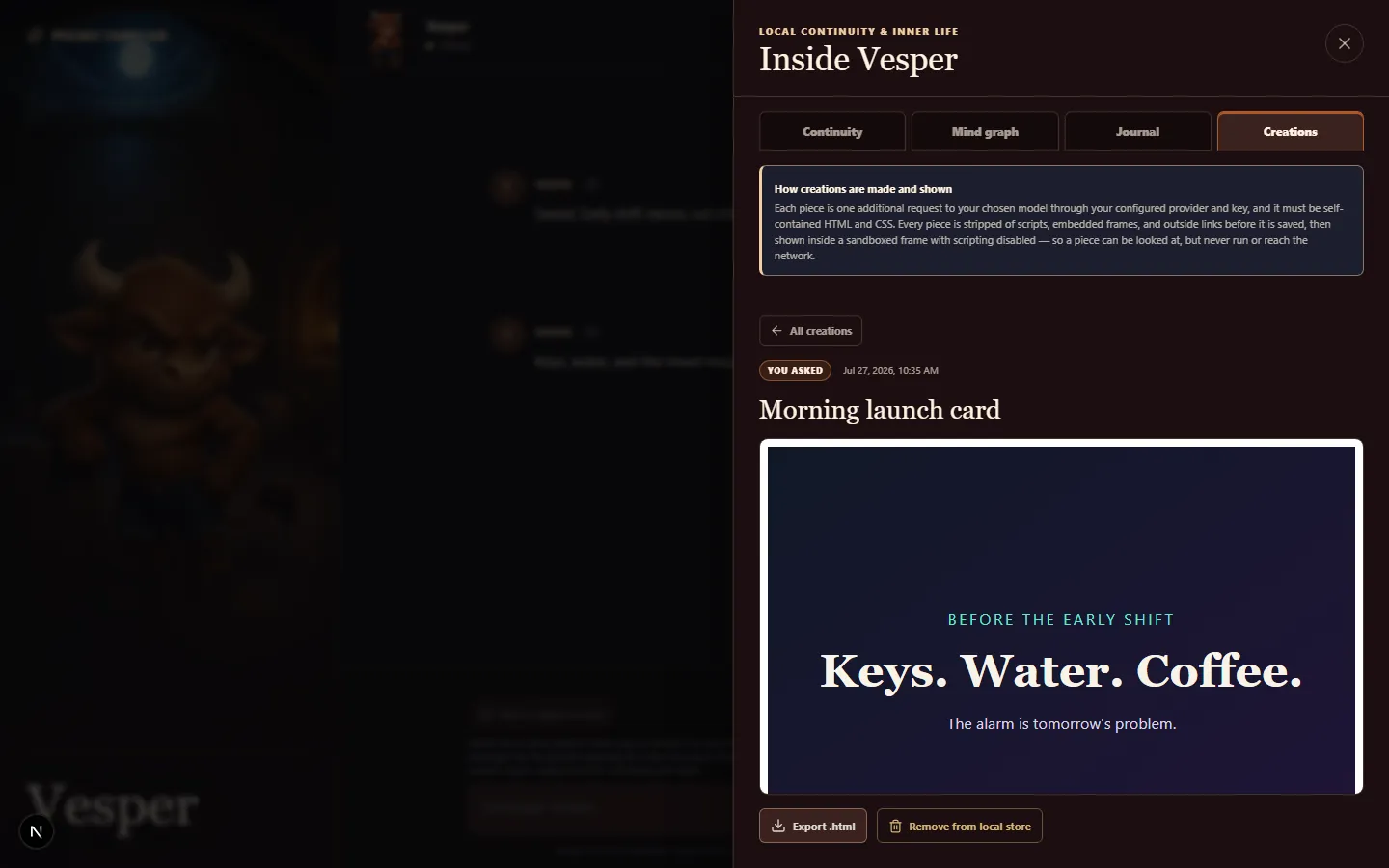 A creation opened full width: a morning card reading Keys. Water. Coffee.