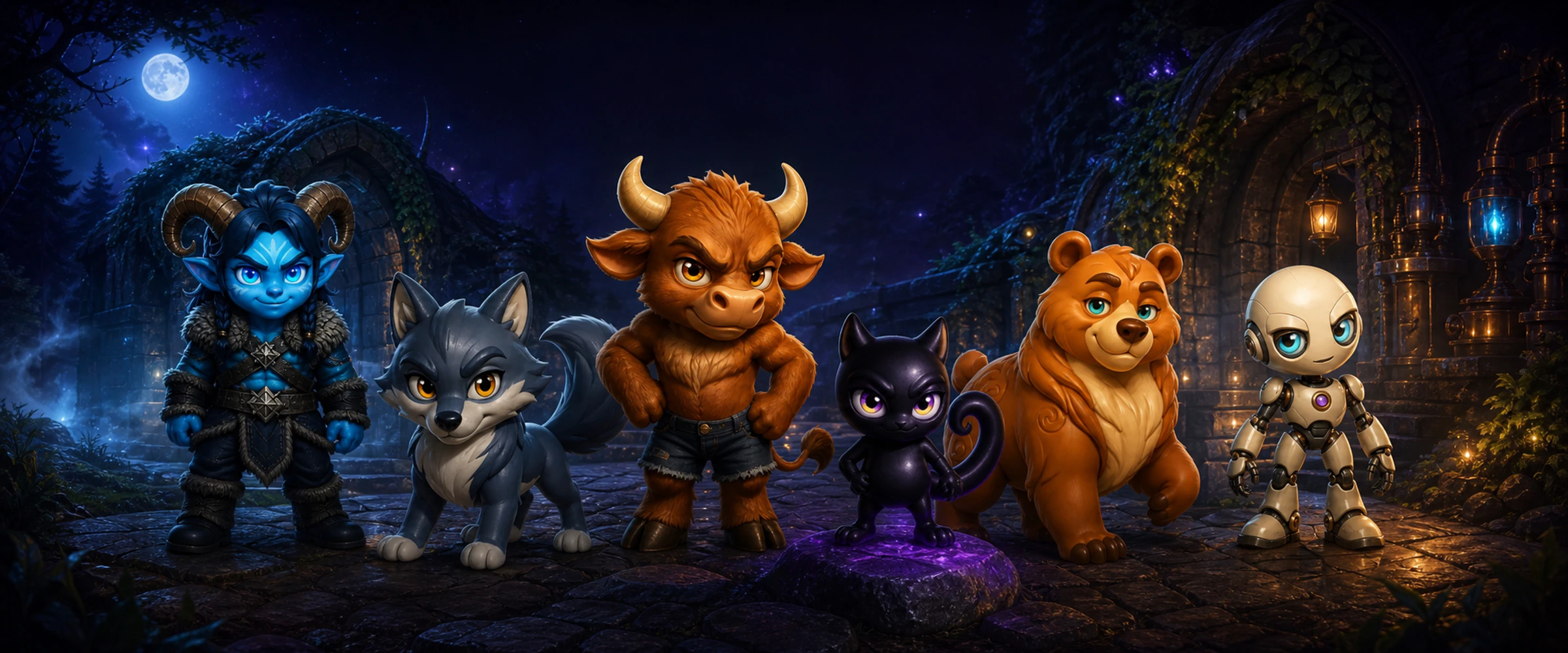 The six familiars gathered in a moonlit courtyard — the bodies your companion can wear.