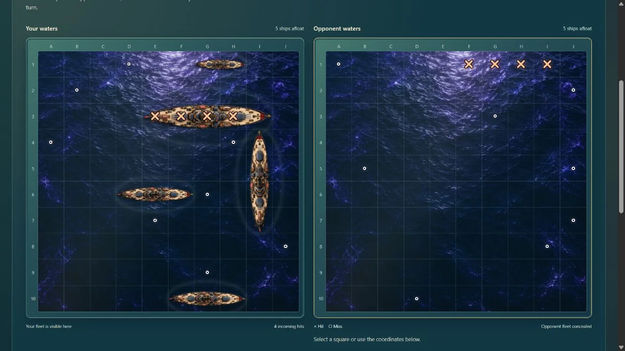 Fleet: two grids on moonlit water, your own ships visible on the left with hit crosses and miss rings, the opponent's fleet concealed on the right.