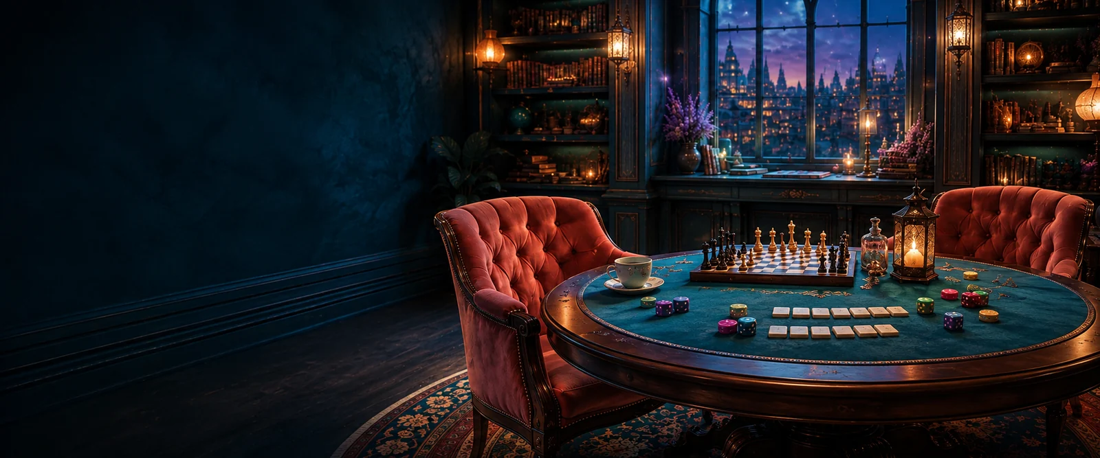 An illustrated games lounge at night: a round table with a chess set, letter tiles and dice, two armchairs, lamplight and a city window.