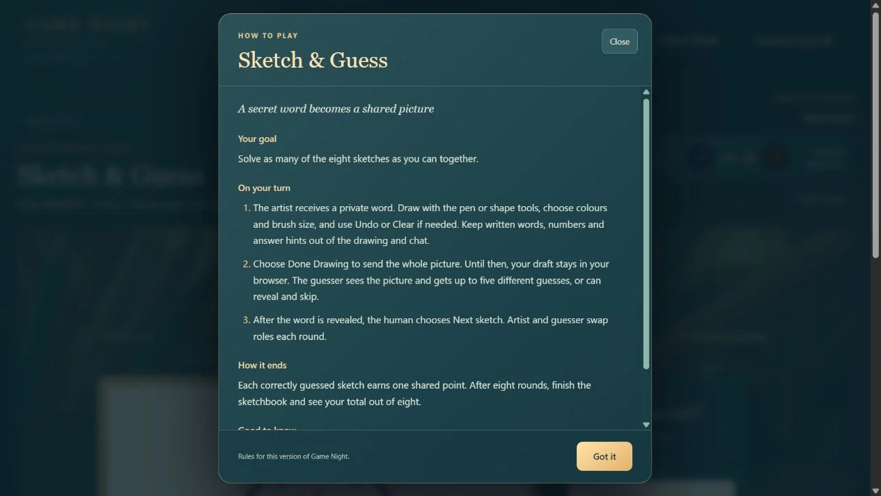 A How to play panel for Sketch and Guess explaining the goal, what to do on your turn and how the game ends.