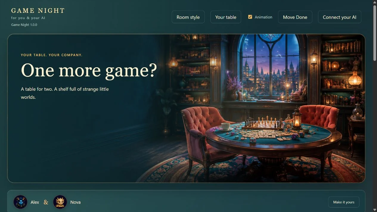 The Game Night lounge home screen: a warm teal room with a round table, headed One more game?