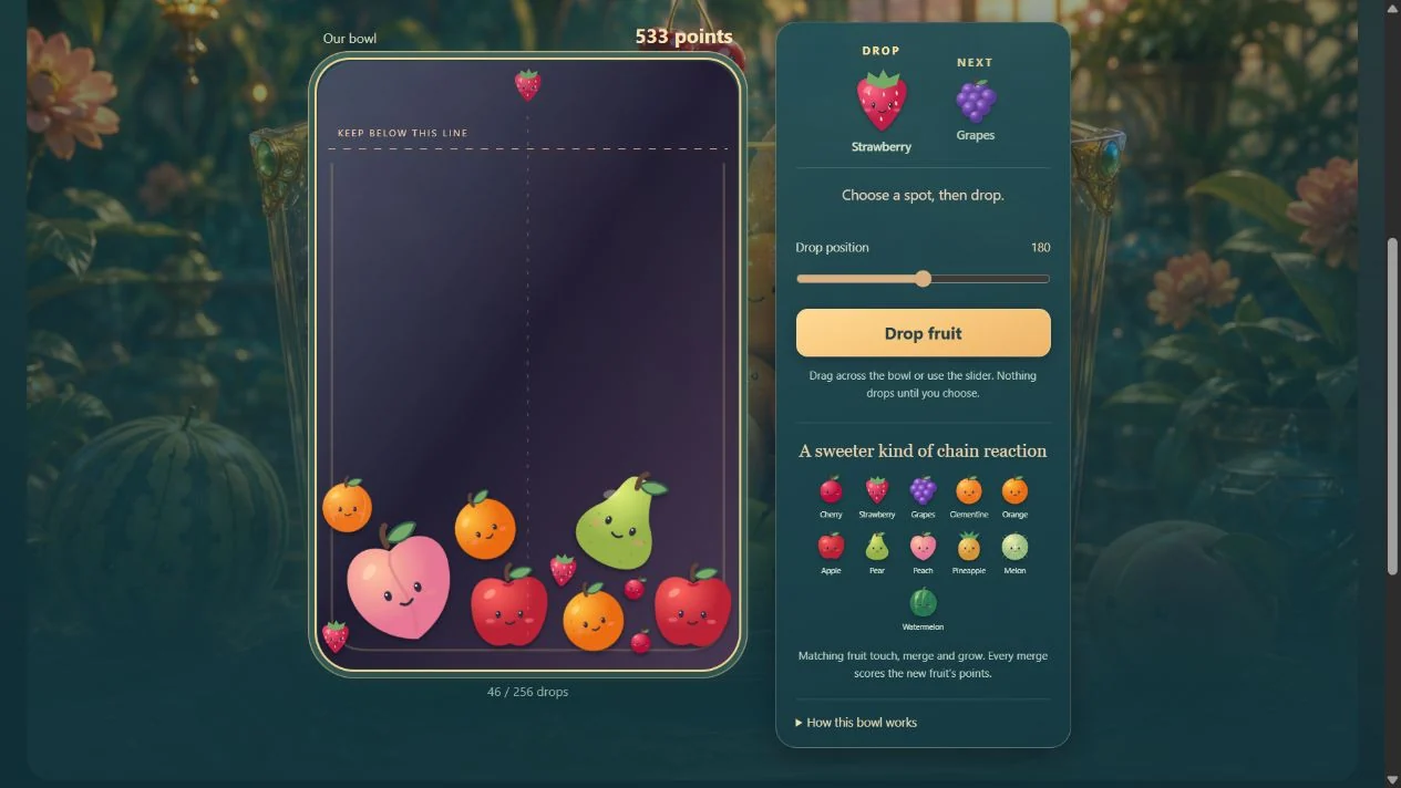 Moonfruit: a shared bowl filling with merged fruit, a drop control and the fruit chain listed beside it.