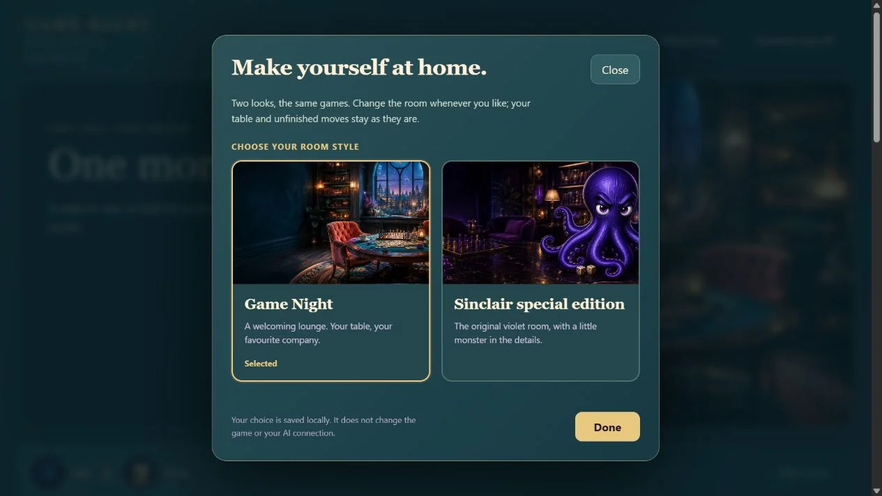 The room style picker offering Game Night and Sinclair special edition side by side, with Game Night selected.