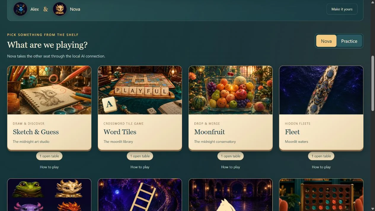 The Game Night shelf: illustrated cards for Sketch and Guess, Word Tiles, Moonfruit and Fleet, each showing one open table, with a Practice toggle at the top right.