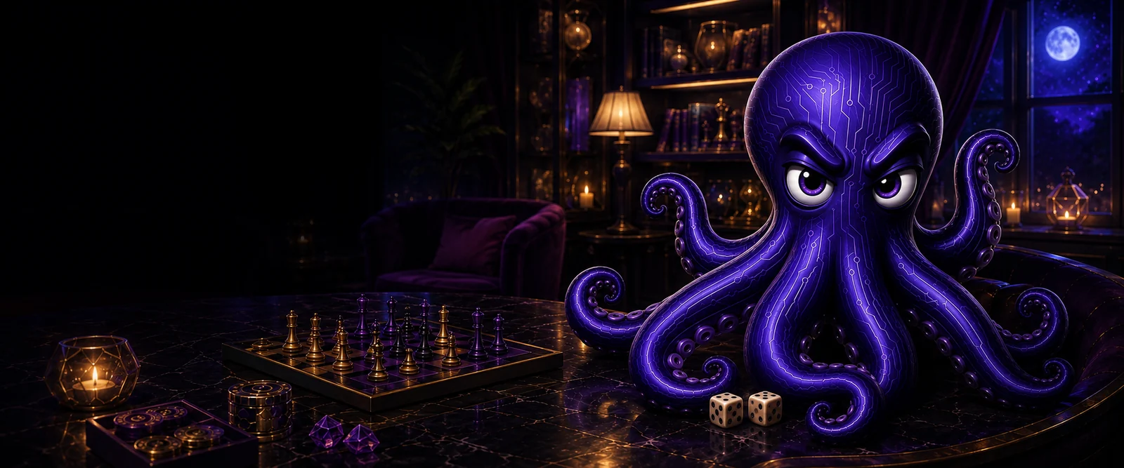 An illustrated violet games room: a purple digital octopus at a dark game table with a gold chess set, dice and lamplight.