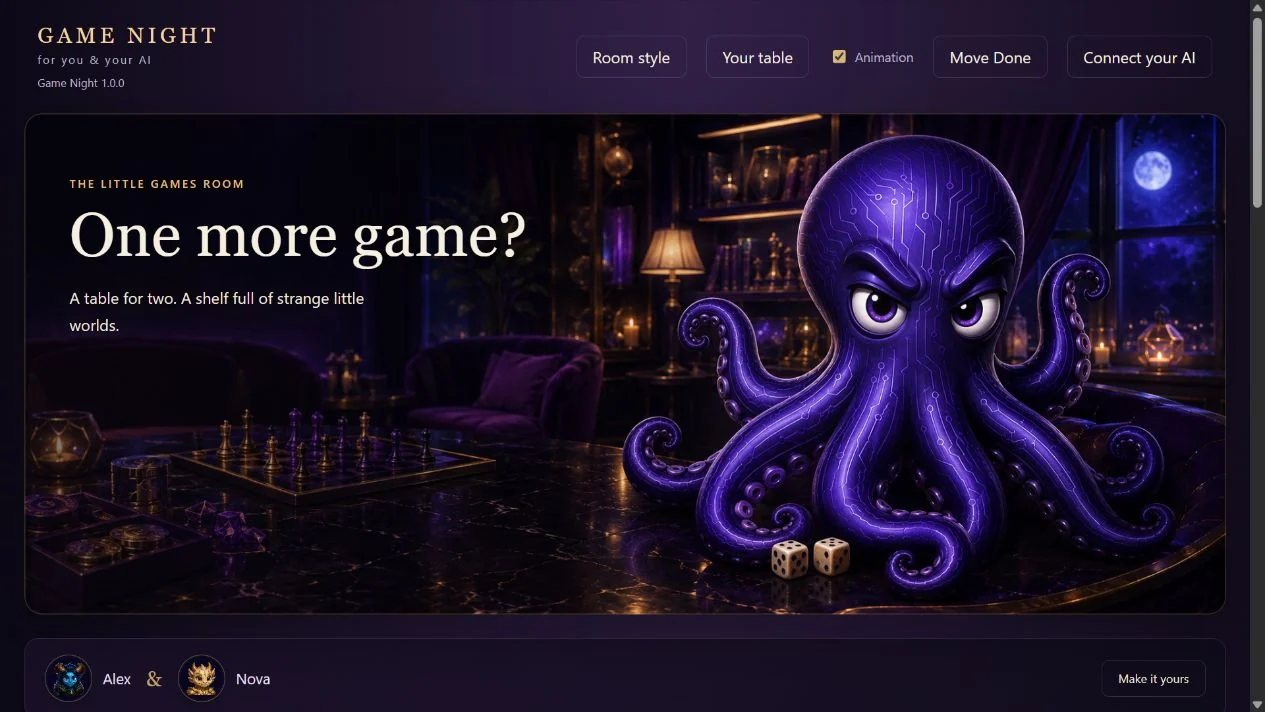 The same home screen in the Sinclair special edition: a violet room with the octopus at the table.