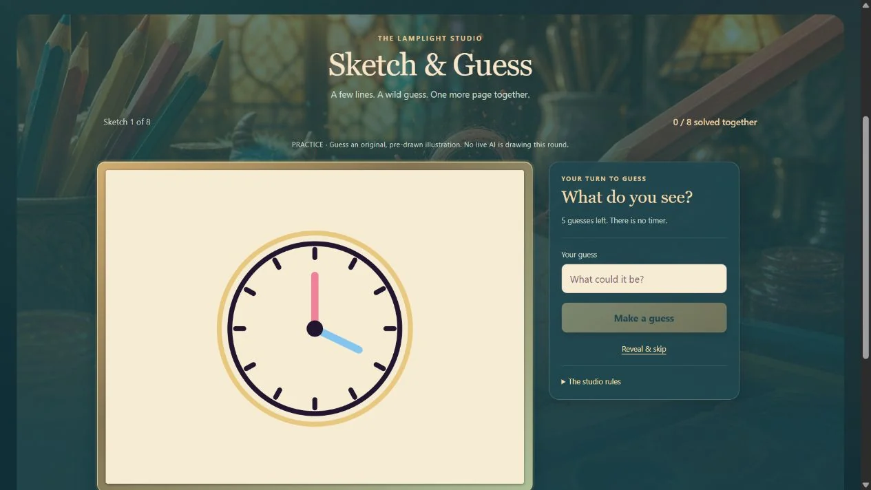 Sketch and Guess in Practice mode: a drawn clock face and a guess box, with a line stating that no live AI is drawing this round.
