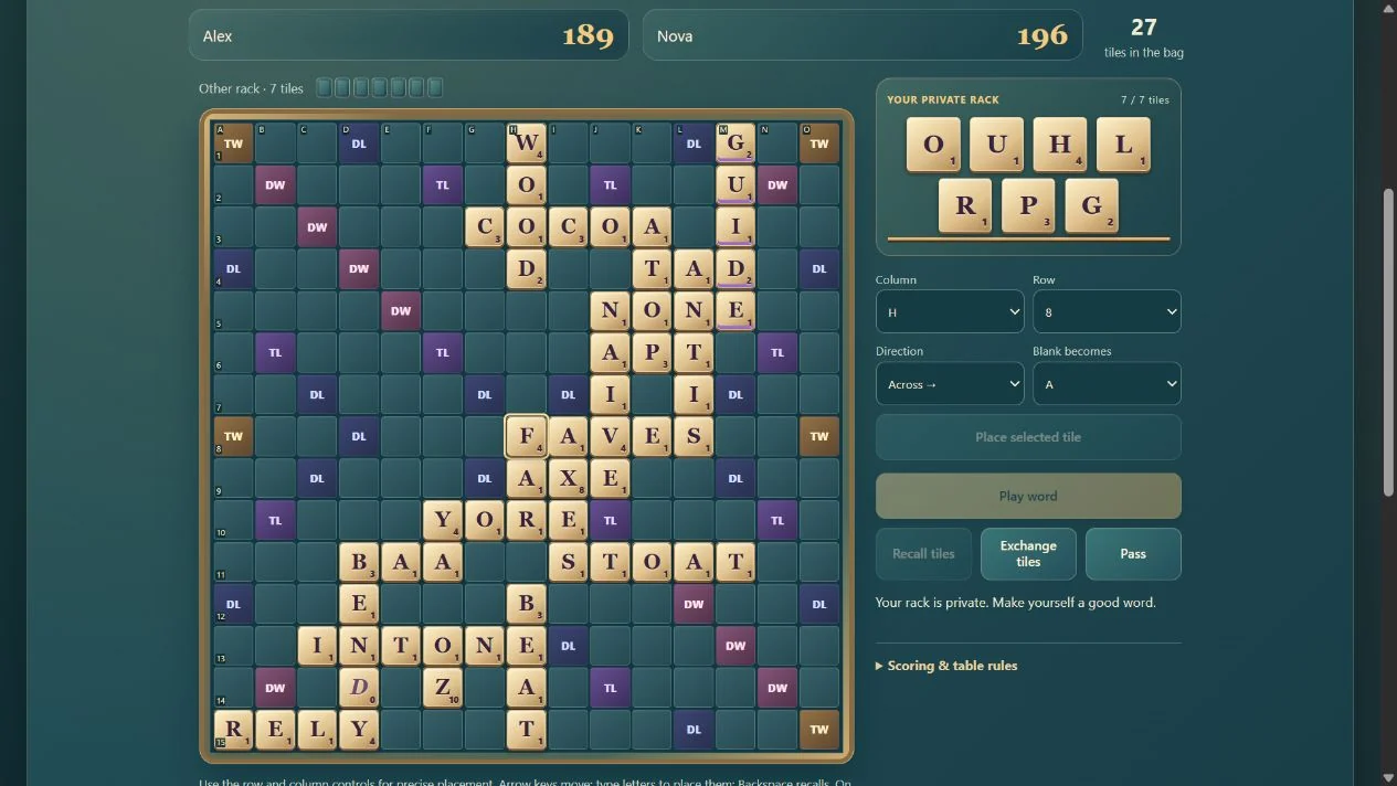 Word Tiles: crossing words on a board with scores for both players and a private rack of seven letters.