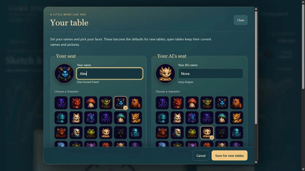 The Your table panel: name fields for you and for your AI, with grids of illustrated creature portraits to choose a face for each seat.