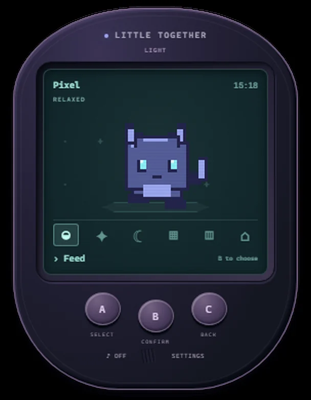 The classic screen: a handheld-shaped window with a pixel cat named Pixel on a green screen, a row of care icons, and A, B and C buttons below.