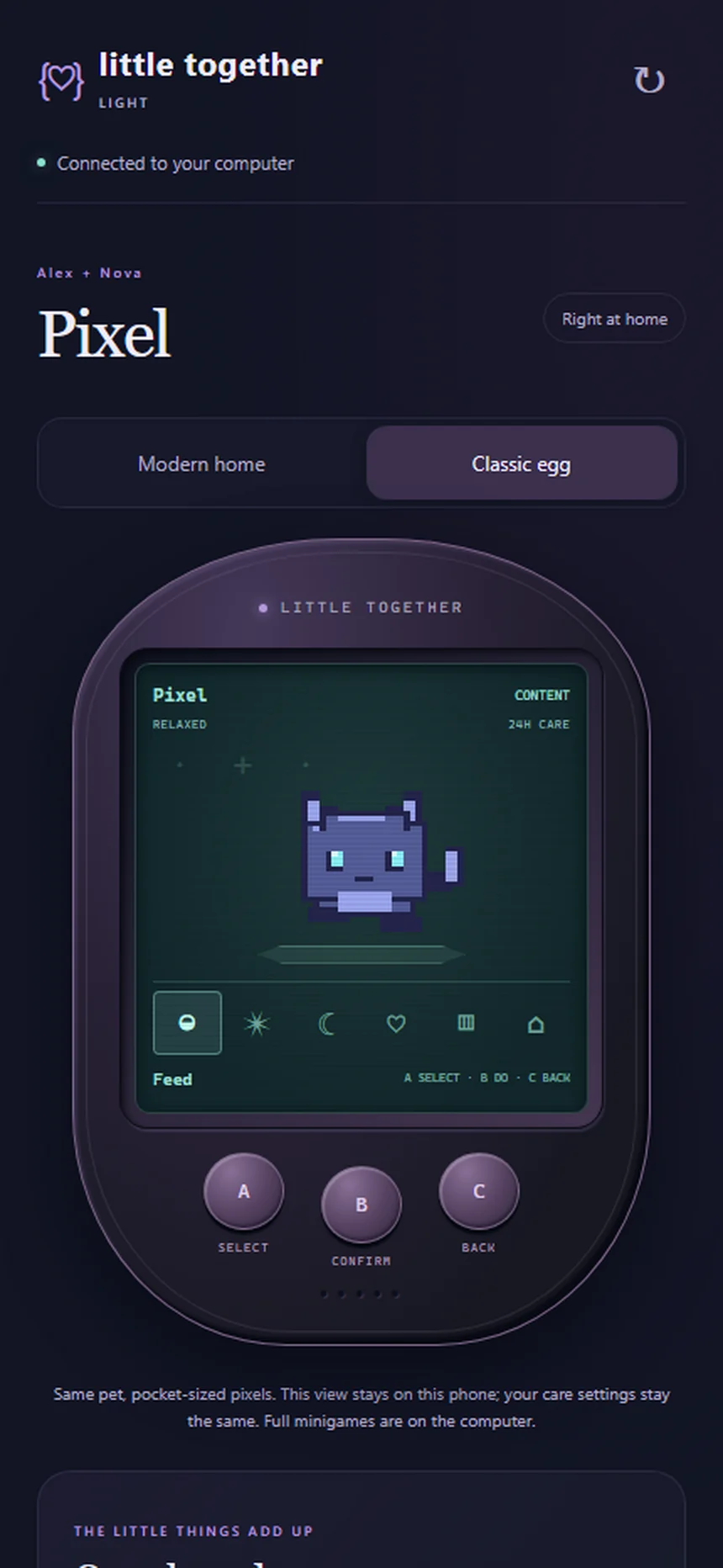 The phone view in Classic egg: the handheld shell with a pixel cat on a green screen and A, B and C buttons.