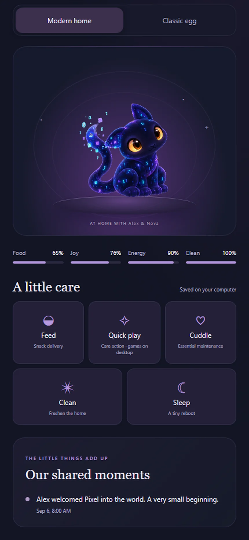 The phone view scrolled down to the care controls: Feed, Quick play, Cuddle, Clean and Sleep, above the shared moments diary.