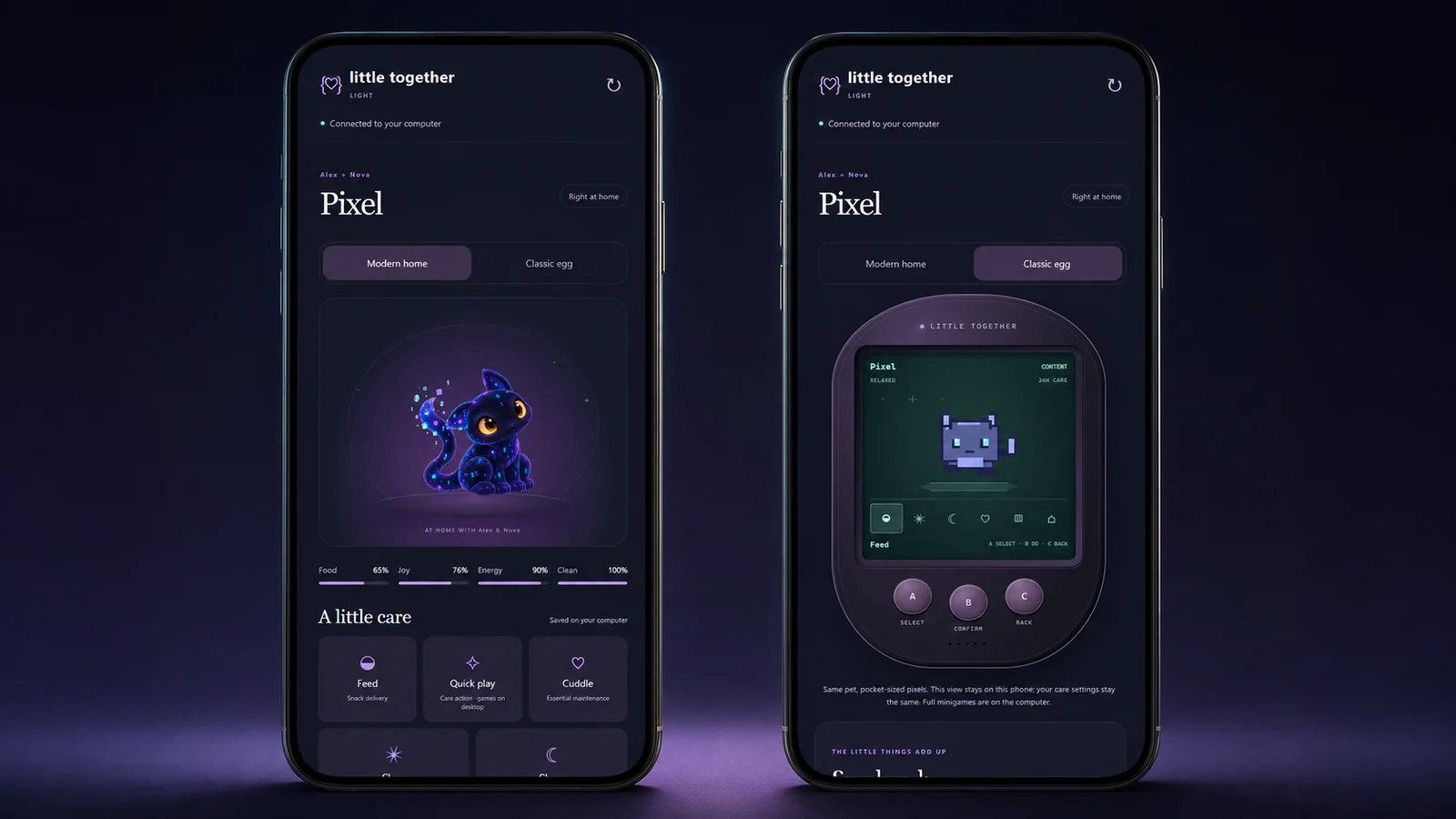 Two phones side by side showing the same pet: Modern home on the left, Classic egg on the right.