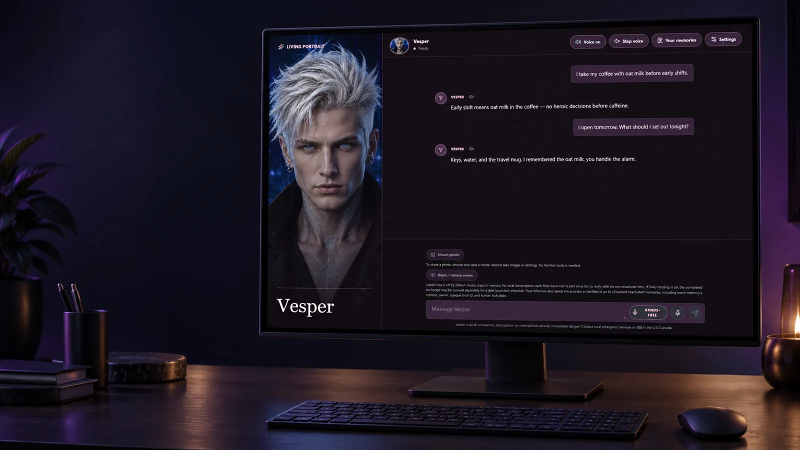 Living Portrait shown on a desktop monitor, with the white-blond Rowan portrait and a plum conversation panel.
