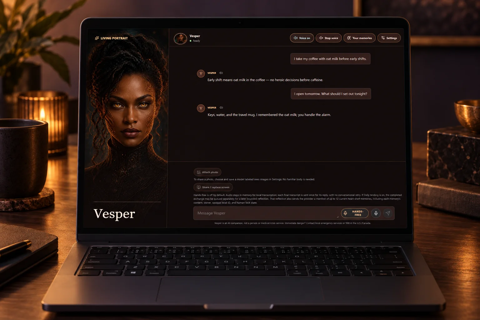 Living Portrait shown on a laptop, with the golden-eyed Mara portrait and warm ember conversation panel.