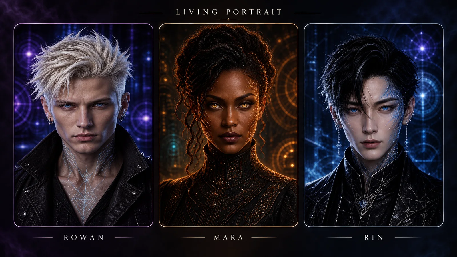 Three supplied Living Portrait sample faces: Rowan, Mara and Rin.