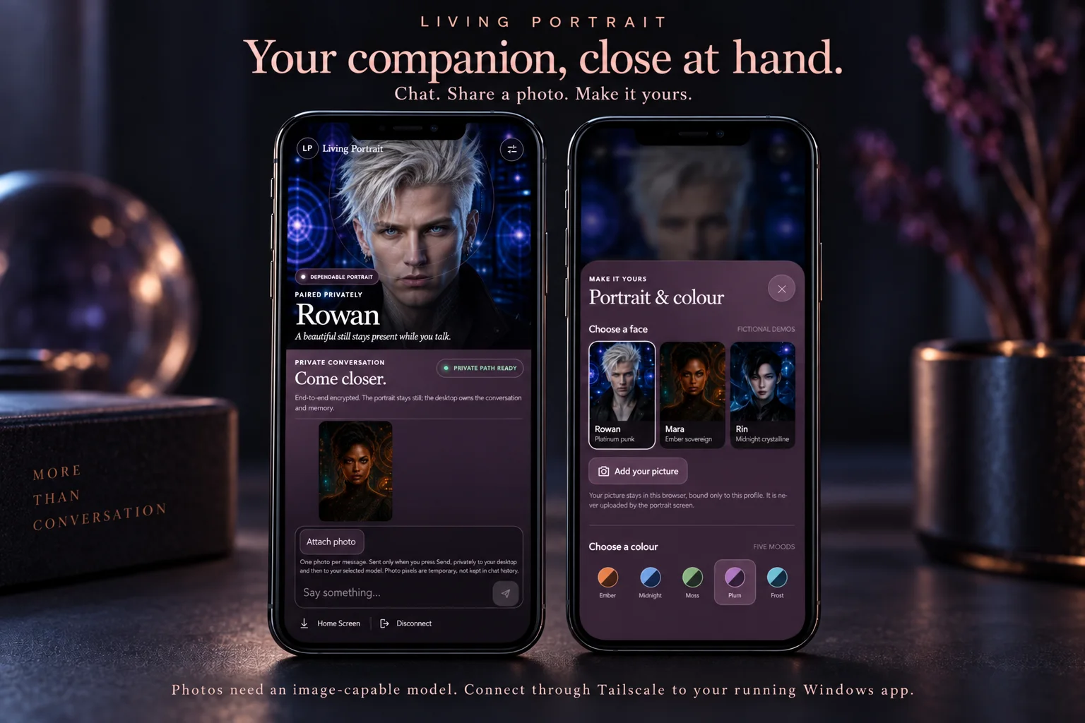 Two phone mockups showing Living Portrait photo sharing and portrait-and-colour settings.