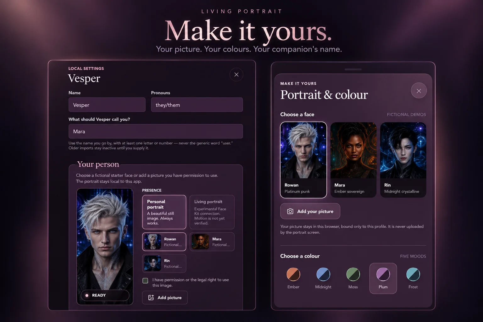 Living Portrait profile settings, custom-picture controls and Ember, Midnight, Moss, Plum and Frost colour choices.