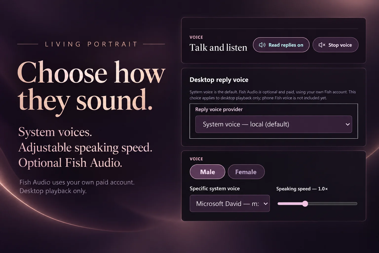 Living Portrait desktop voice settings with system voice selected and controls for voice choice and speaking speed.