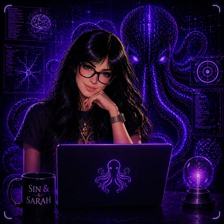 Sarah at her laptop, an octopus of violet circuitry watching over her shoulder.